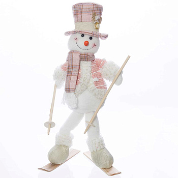 Фигура новогодняя интерьерная XL9311AB Снеговик на лыжах 40см в шапке и шубке.