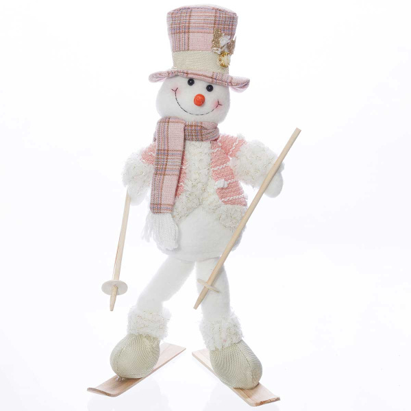 Фигура новогодняя интерьерная XL9311AB Снеговик на лыжах 40см в шапке и шубке.