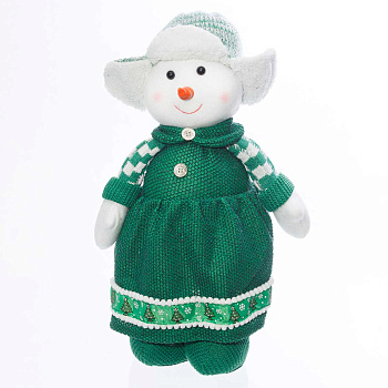 Фигура новогодняя интерьерная Н22212В Снеговик-девочка с телескопическими ногами 40-62см, зеленая, в платье и шапке ушанке, в вязаных башмаках