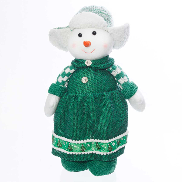 Фигура новогодняя интерьерная Н22212В Снеговик-девочка с телескопическими ногами 40-62см, зеленая, в платье и шапке ушанке, в вязаных башмаках
