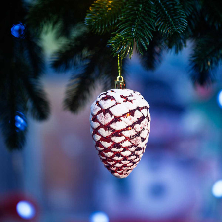 Шар 25ES04V-220 4шт 10см Шишки/Желуди красные с бел. блестками