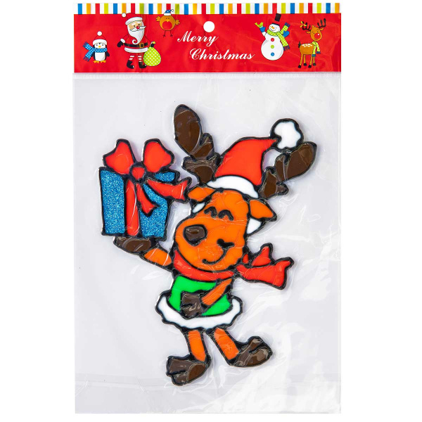 Наклейка на стекло А109 Олень с подарком 20*25см (12)