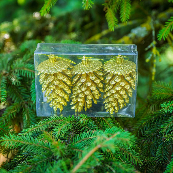 Шар 12ED3-3H-2 3шт 12см ("Шишка" золотая с блестящей каймой) (200)