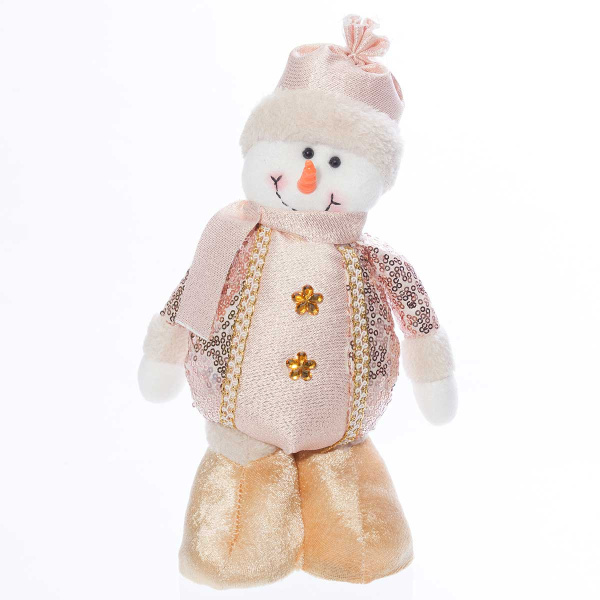Фигура новогодняя интерьерная МТ20005В Снеговик 28см в розово колпаке. в золотых ботинках, в розовой одежде расшитой золотом