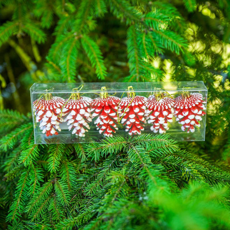 Шар 6DC6-H32-1 6шт 6см "Шишка" красная с белой каймой (360)