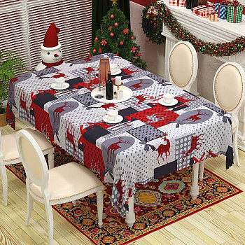 Скатерть новогодняя СК-104 150*150см бело-серая с красным рисунком Олень, бантик (120)