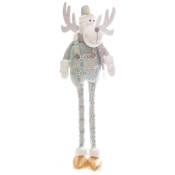 Фигура новогодняя интерьерная Н22262С Лось с телескопическими ногами 50-80см, тиффани, в комбинехоне, с шарфом, в вязаном свитере, в колпаке с бубенцом, в золотых ботинках