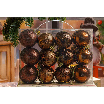 Набор елочных украшений Р42-5 Шары 24шт6см (Шар глянец, шар фактур цветок, шар фактур олень, шар пайетки) Шоколад (32)