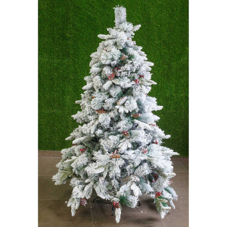 Елка XO-2325S-6ft-180 180см 695 веток заснеженная с шишками/ягодами метал. подставка  РЕ+ПВХ