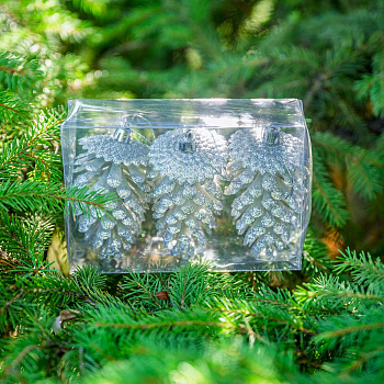 Шар 12ED3-3H-3 3шт 12см ("Шишка" серебряная с блестящей каймой) (200)