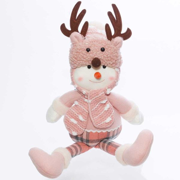 Фигура новогодняя интерьерная Н21263АСнеговик 45см в шапке"Олень", розовый, с длинными ногами. сидячий