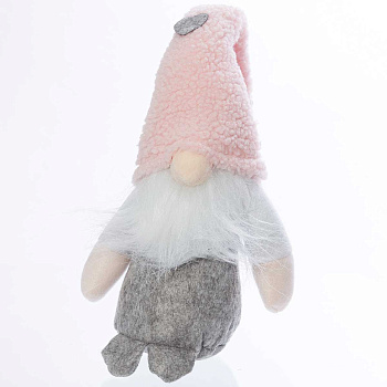 Фигура новогодняя интерьерная S3173 Гном серый в розовом колпаке 38см (240)