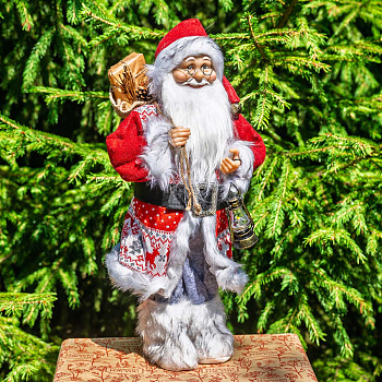 Фигура новогодняя LC252318 Дед Мороз 45 см с фонарем, в красной с рисунком вязаной шубе (24)