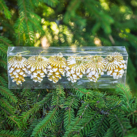 Шар 6DC6-H32-2 6шт 6см "Шишка" золото с белой каймой (360)