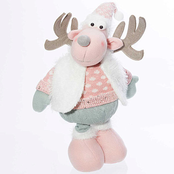 Фигура новогодняя интерьерная Н22100С Лось 40-57см с телескопическими ногами, розовый колпак. делая меховая жилетка, розовый вязаный свитер, зеленые ноги, розовые ботинки