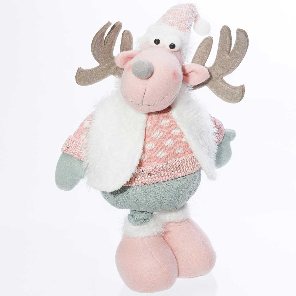 Фигура новогодняя интерьерная Н22100С Лось 40-57см с телескопическими ногами, розовый колпак. делая меховая жилетка, розовый вязаный свитер, зеленые ноги, розовые ботинки