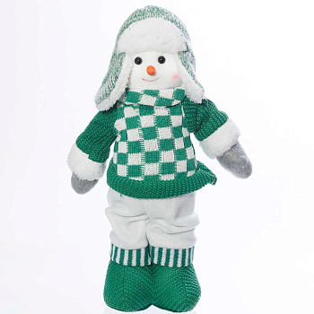 Фигура новогодняя интерьерная Н22213В Снеговик 32см, зеленый, в вязаном свитере, белых штанах, вязаных ботинках, шапке ушанке (96)