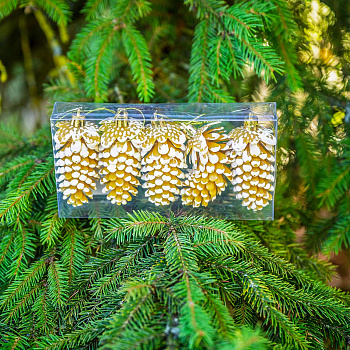 Шар 9DC5-H32B-2 5шт 9см "Шишка" золотая с белой каймой (288)