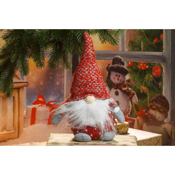 Фигура новогодняя CQQ025A интерьерная Гном с бородой 30см в вяязаной кофте