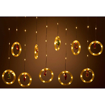 Гирлянда дождь LLN-39 10насадок длина 3м СВЕТ ТЕПЛЫЙ БЕЛЫЙ, 10шт Круг-10см внутри фигурка (дедмороз, колпак, елка, олень. снеговик) Длина вниз-30-60см.(50)