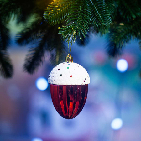 Шар 25ES04V-220 4шт 10см Шишки/Желуди красные с бел. блестками