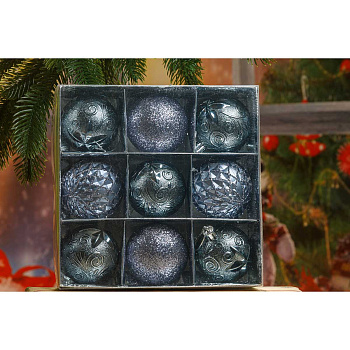 Набор елочных украшений Р41-3 Шары 9шт6см (шар фактур ромб, шар фактур цветок, шар пайетки) Графит (96)