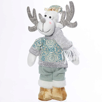 Фигура новогодняя интерьерная Н22269С Лось 35см, светло-зеленый, в парчовом свитере, флисовых штанах, в колпаке с бубенцом, золотых ботинках