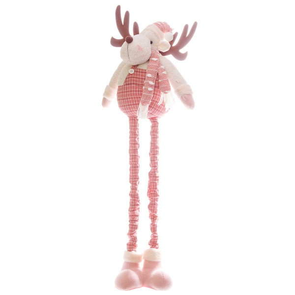 Фигура новогодняя интерьерная Н21258В Лось 50-95см, с телескопическими ногами, розовый колпак, комбинезон, ботинки