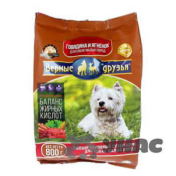 Верные друзья Корм сухой для собак маленьких и карликовых пород пакет 800г Говядина и ягненок x16