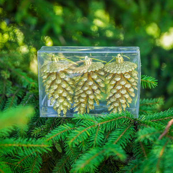 Шар 12ED3-3H-2 3шт 12см ("Шишка" золотая с блестящей каймой) (200)