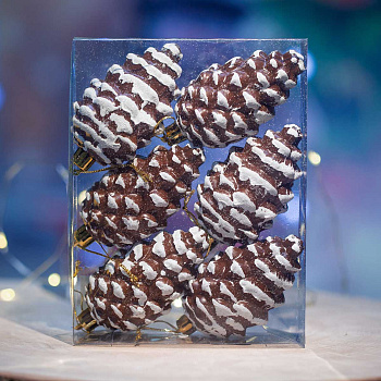 Шар WA25054 6шт 9см Шишка "шоколад с белыми блестками" (144)