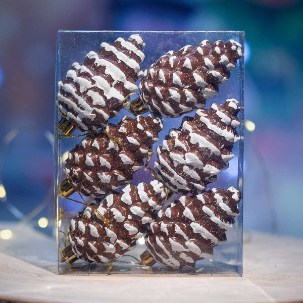 Шар WA25054 6шт 9см Шишка "шоколад с белыми блестками" (144)