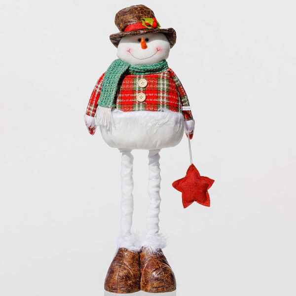 Фигура новогодняя AKK006B Снеговик 45-75см с телескопическими ногами, белый, красно-зеленая клетка
