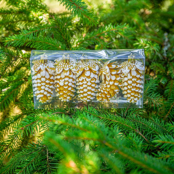 Шар 9DC5-H32B-2 5шт 9см "Шишка" золотая с белой каймой (288)