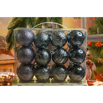 Набор елочных украшений Р42-4 Шары 24шт6см (Шар глянец, шар фактур цветок, шар фактур олень, шар пайетки) Графит (32)