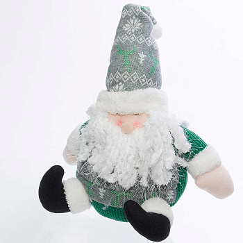 Фигура новогодняя интерьерная Н22221А Дед Мороз сидячий 30см, зеленый, в вязаном свитере и колпаке (36)