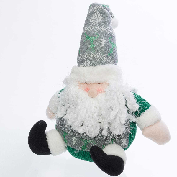 Фигура новогодняя интерьерная Н22221А Дед Мороз сидячий 30см, зеленый, в вязаном свитере и колпаке (36)