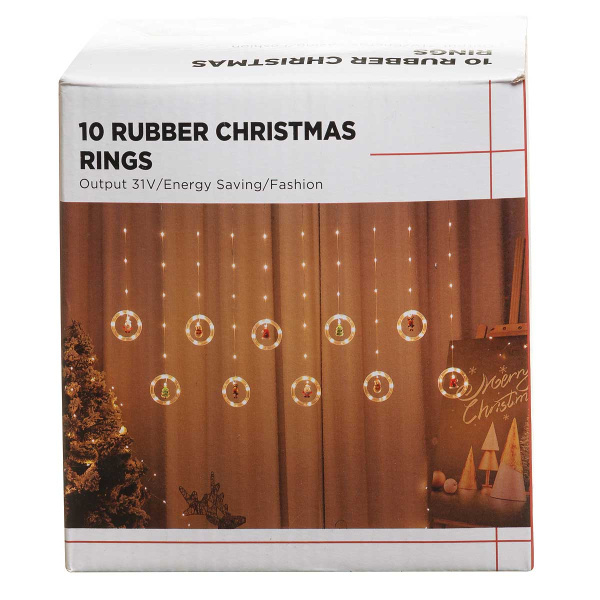 Гирлянда дождь LLN-39 10насадок длина 3м СВЕТ ТЕПЛЫЙ БЕЛЫЙ, 10шт Круг-10см внутри фигурка (дедмороз, колпак, елка, олень. снеговик) Длина вниз-30-60см.(50)