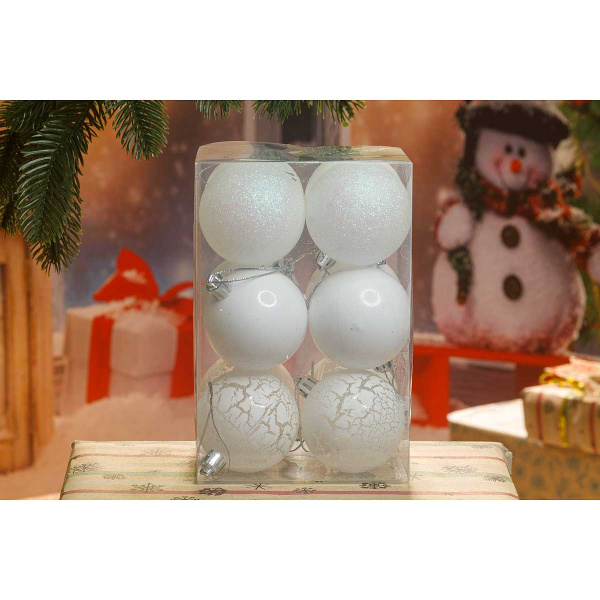 Шар 6ZLE12 Шары 12шт 6см  БЕЛЫЕ (3вида по 4шт "Мятые", глянцевые, с глиттером) (60)