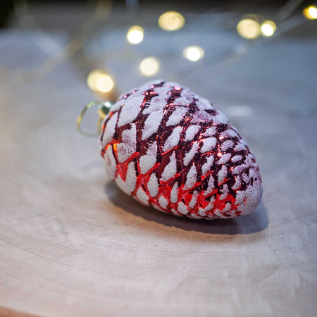 Шар 25ES04V-220 4шт 10см Шишки/Желуди красные с бел. блестками