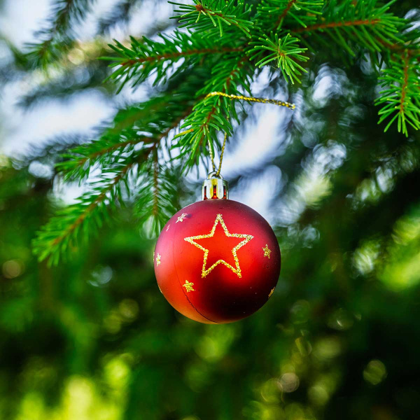 Набор елочных украшений JT25-HGS330 5см 6шт Шары красный (3шт дольки, 3шт с рисунком звезды) (240)