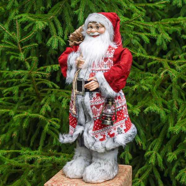 Фигура новогодняя LC252324 Дед Мороз 60 см с фонарем, в красной вязаной шубе с рисунком (12)