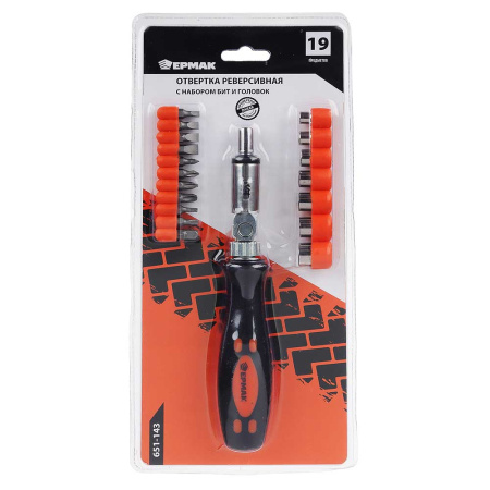 Отвертка реверсивная с набором бит и головок RRS004 Ермак 19 предметов