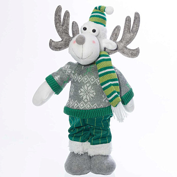 Фигура новогодняя интерьерная Н22213С Лось 32см, зеленый, в вязаном свитере, колпаке, зеленых штанах, с шарфом