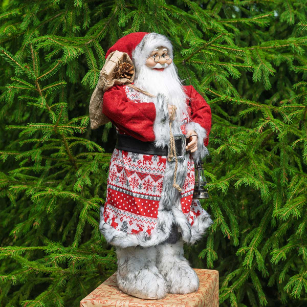 Фигура новогодняя LC252324 Дед Мороз 60 см с фонарем, в красной вязаной шубе с рисунком (12)