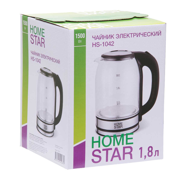 Эл. чайник HOMESTAR HS-1042 1,8л стекло/пластик черный