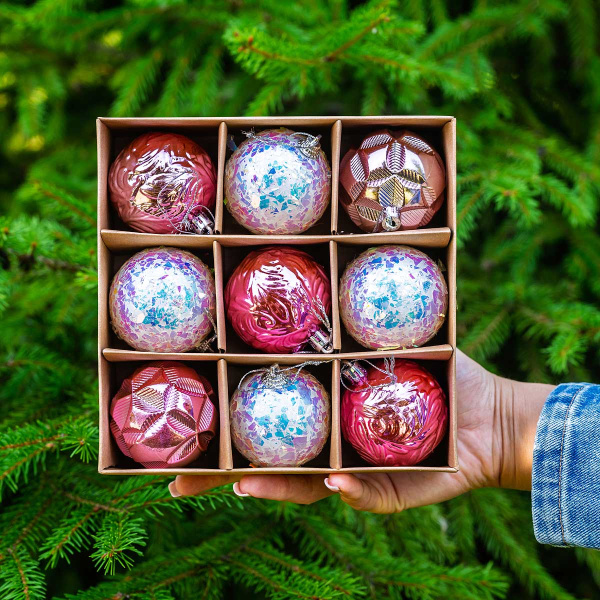 Набор елочных украшений JT25-AL139 6см 9шт Шары (3шт розовый фактурный "грани", 3шт розовый фактурный листья, 3шт белый с перламуром)