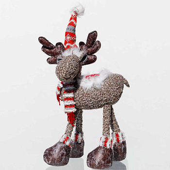 Фигура новогодняя интерьерная SKK409 Лось 25 см  кучерявый, коричневый в красном колпаке и шарфе