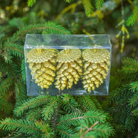 Шар 12ED3-3H-2 3шт 12см ("Шишка" золотая с блестящей каймой) (200)