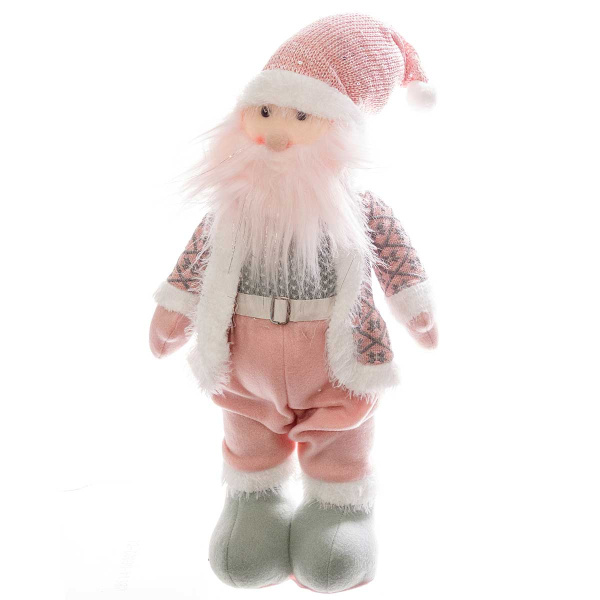 Фигура новогодняя интерьерная Н22096А Дед Мороз 50см. розовый колпак, розовый кардиган, зеленый свитер, розовые штаны, зеленые ботинки, розовая борода